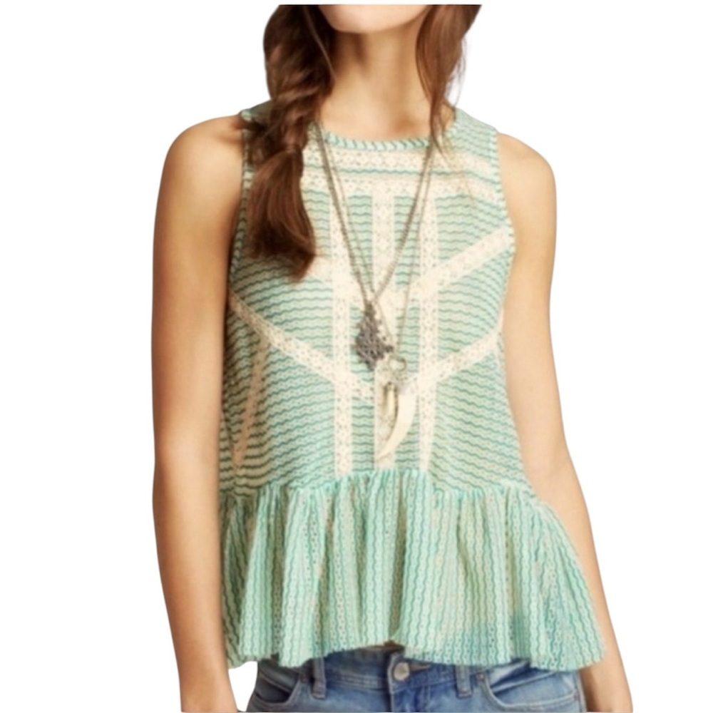Free People Green Cream Open Knit Tank Peplum Hem Size XS